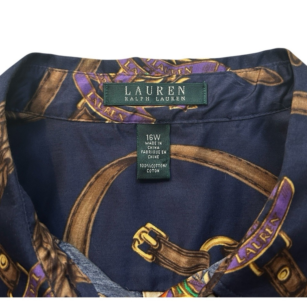 Lauren RALPH LAUREN Equestrian Print Top sz 16W Blue Long Sleeve Peplum Cotton - Picture 8 of 10